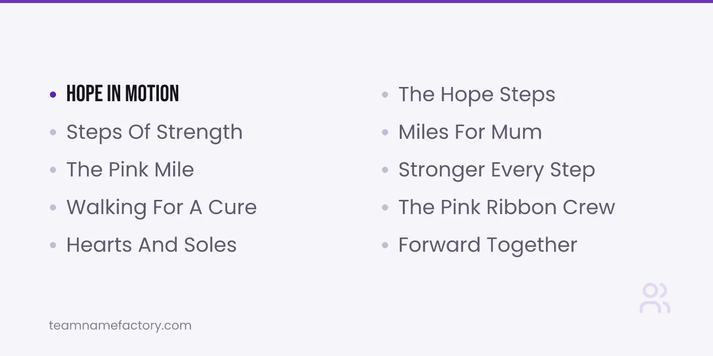 Best Breast Cancer Team Names for Walks — breast cancer team names ideas from teamnamefactory.com