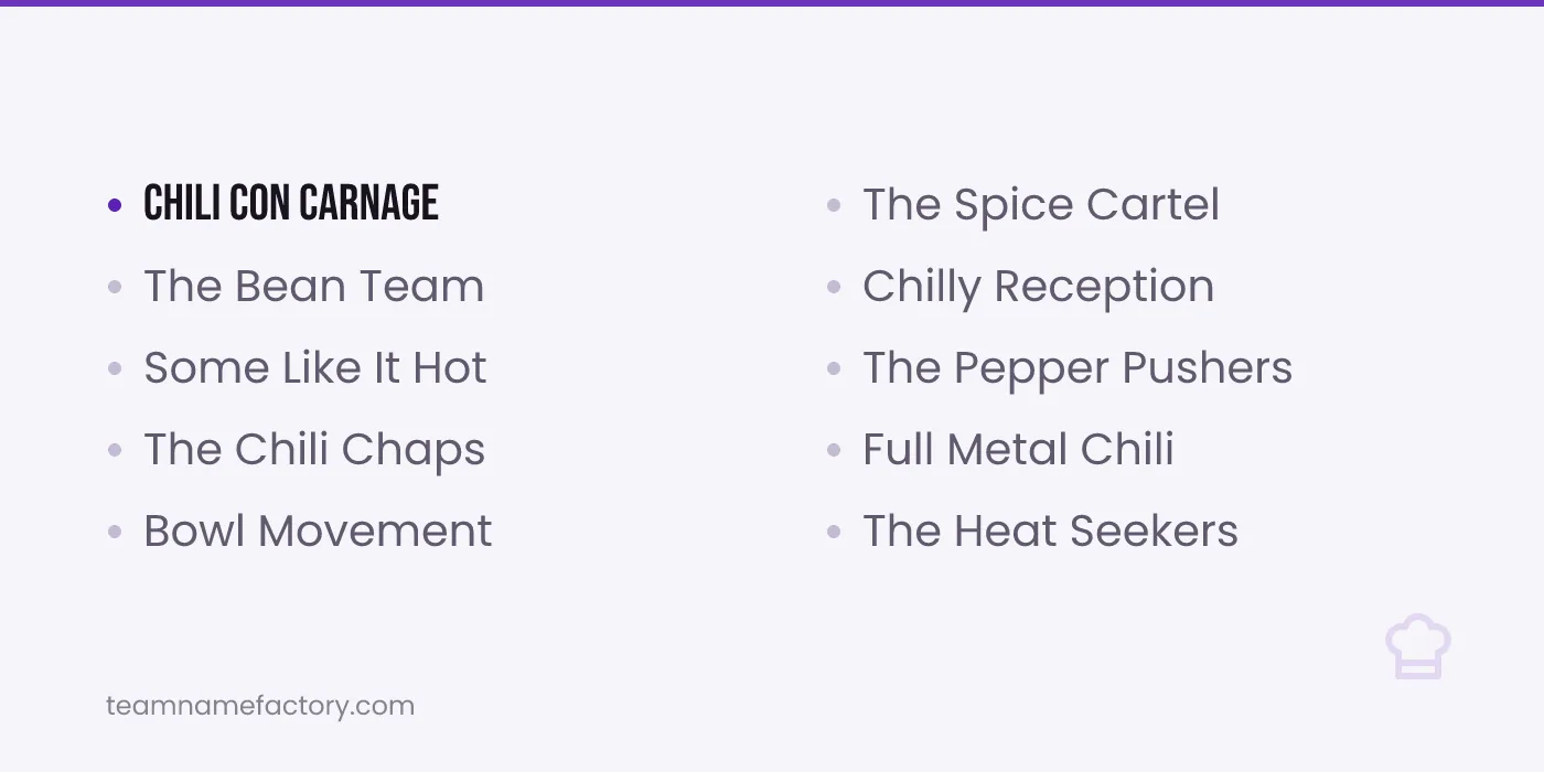 Chili Cook Off Team Names That Win the Room — chili cook off team names ideas from teamnamefactory.com