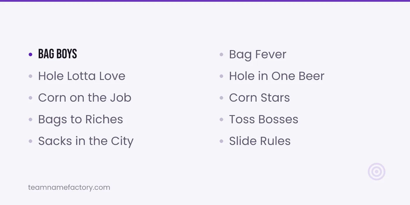 Funny Cornhole Team Names — cornhole team names ideas from teamnamefactory.com