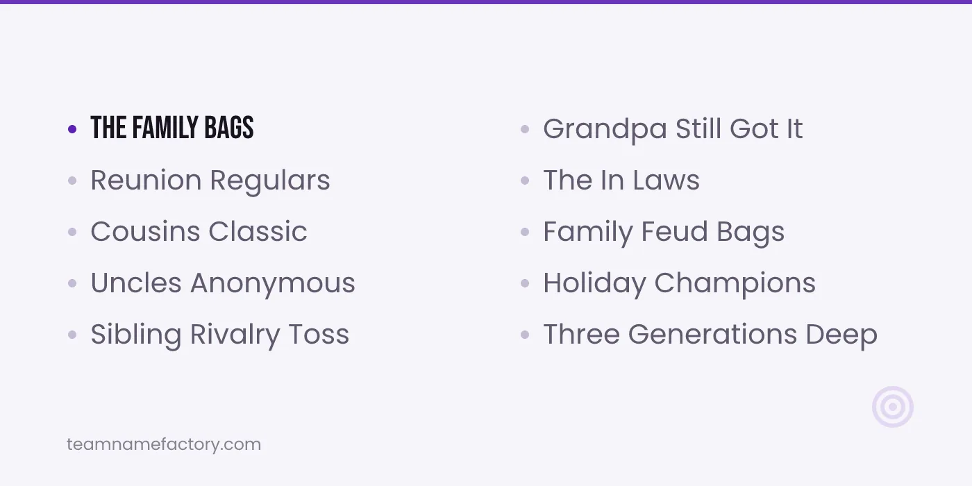 Cornhole Team Names for Families — cornhole team names ideas from teamnamefactory.com