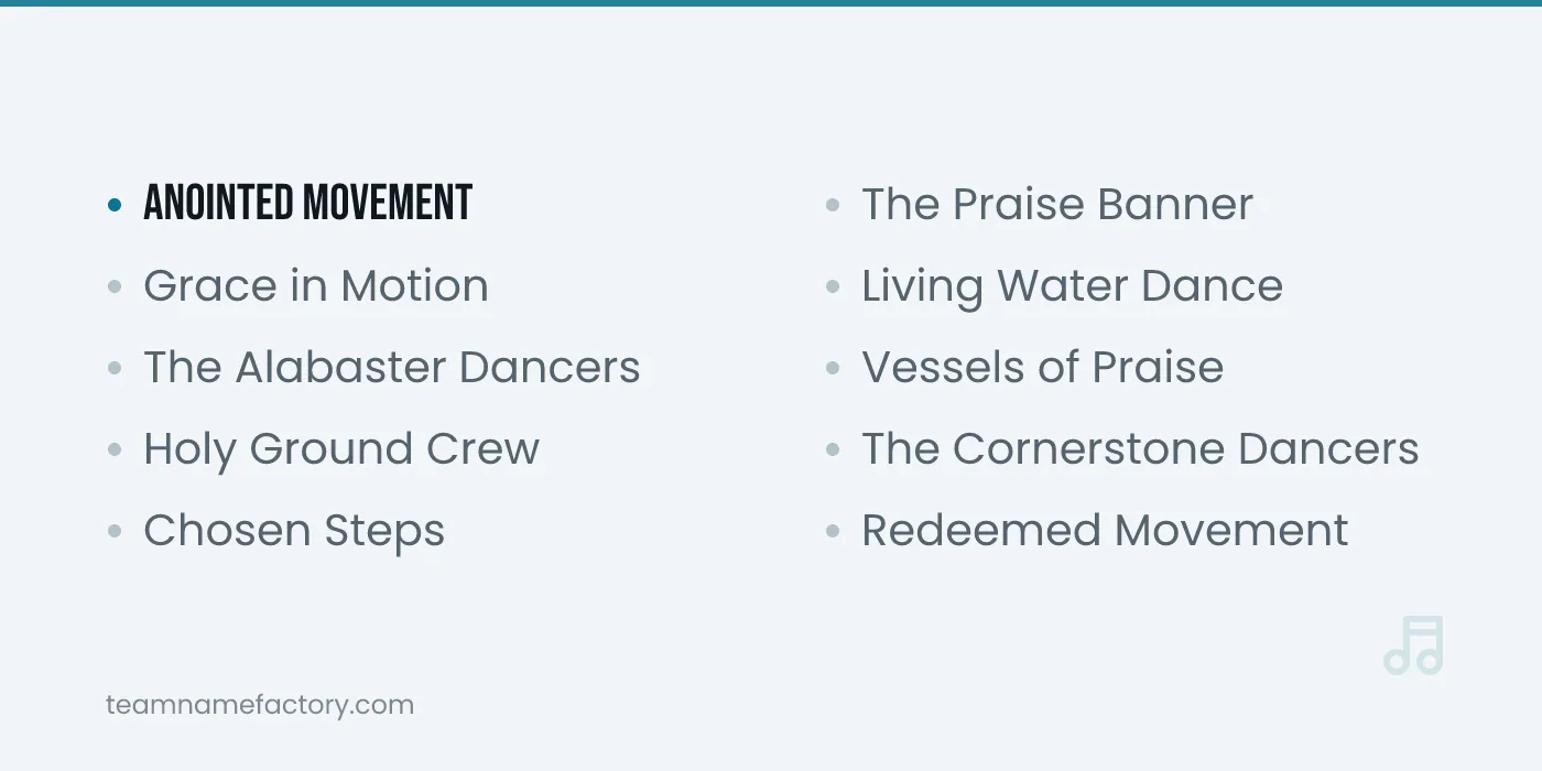 Praise Dance Group Names for Worship Teams — dance group names ideas from teamnamefactory.com