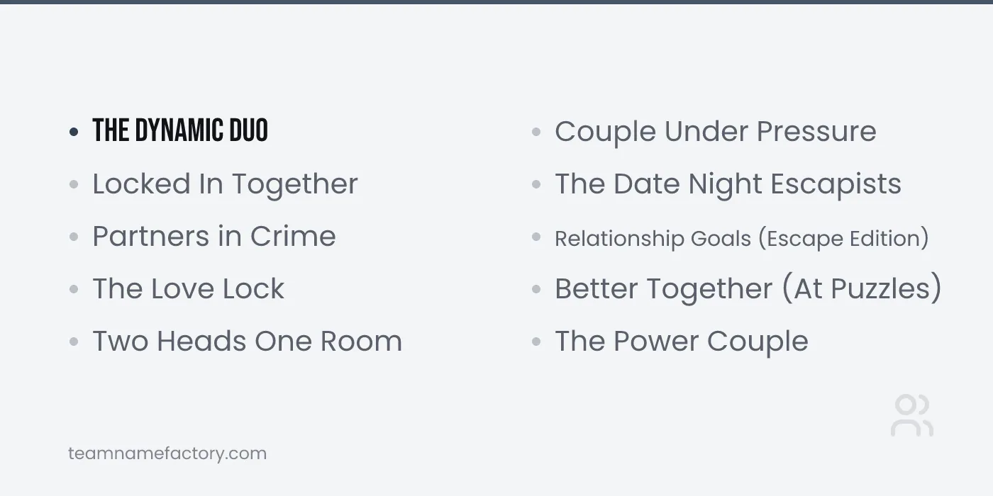 Escape Room Names for Couples — escape room team names ideas from teamnamefactory.com