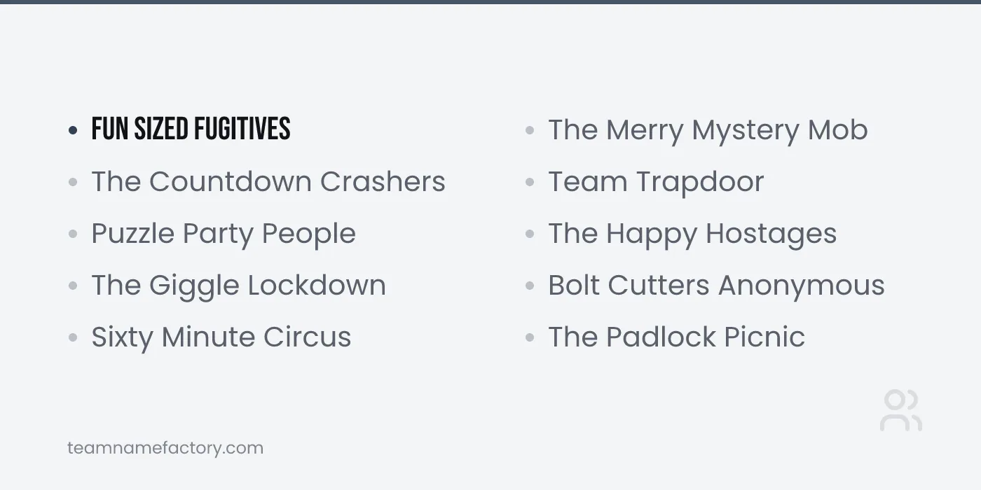More Fun Escape Room Team Names for Any Group Size — escape room team names ideas from teamnamefactory.com