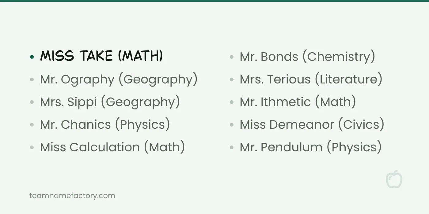 Funny Teacher Names by Subject — funny teacher names ideas from teamnamefactory.com