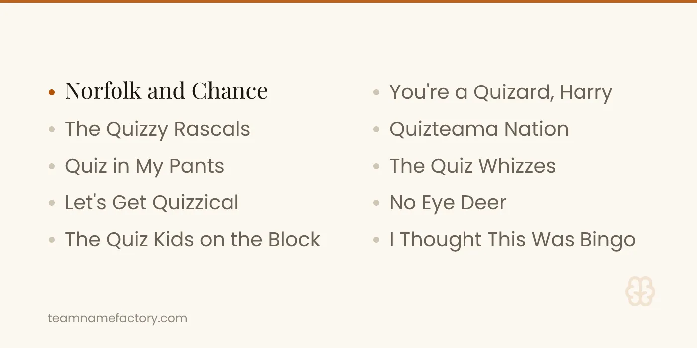 Funny Quiz Team Names — funny trivia team names ideas from teamnamefactory.com