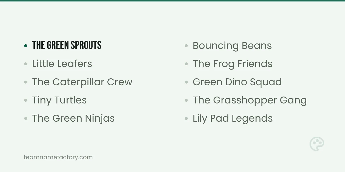 Playful Green Team Names for Kids and Youth Clubs — green team names ideas from teamnamefactory.com