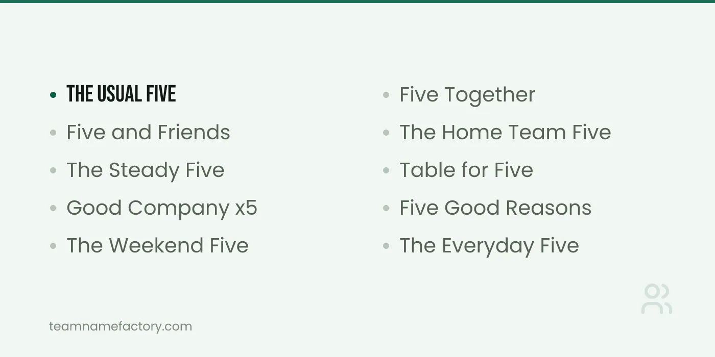 Simple and Good Group Names for 5 People to Vote On — group names for 5 people ideas from teamnamefactory.com