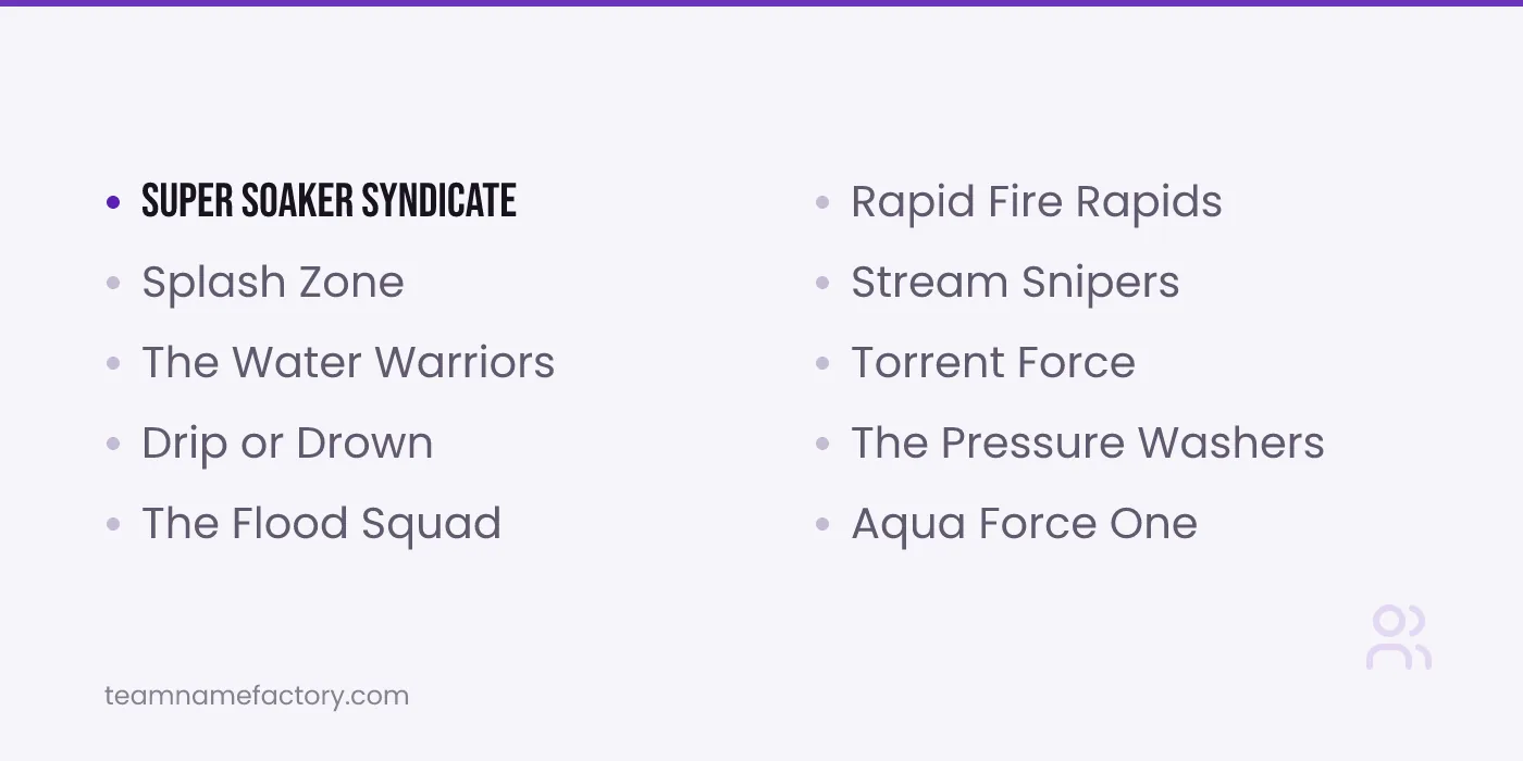 Water Wars and Water Gun Team Names — senior assassin team names ideas from teamnamefactory.com