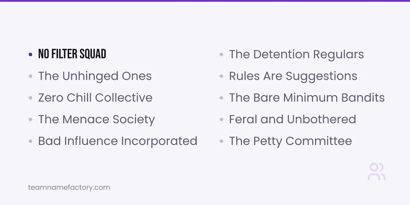 Bold and Dirty Senior Assassin Team Names That Push the Line — senior assassin team names ideas from teamnamefactory.com