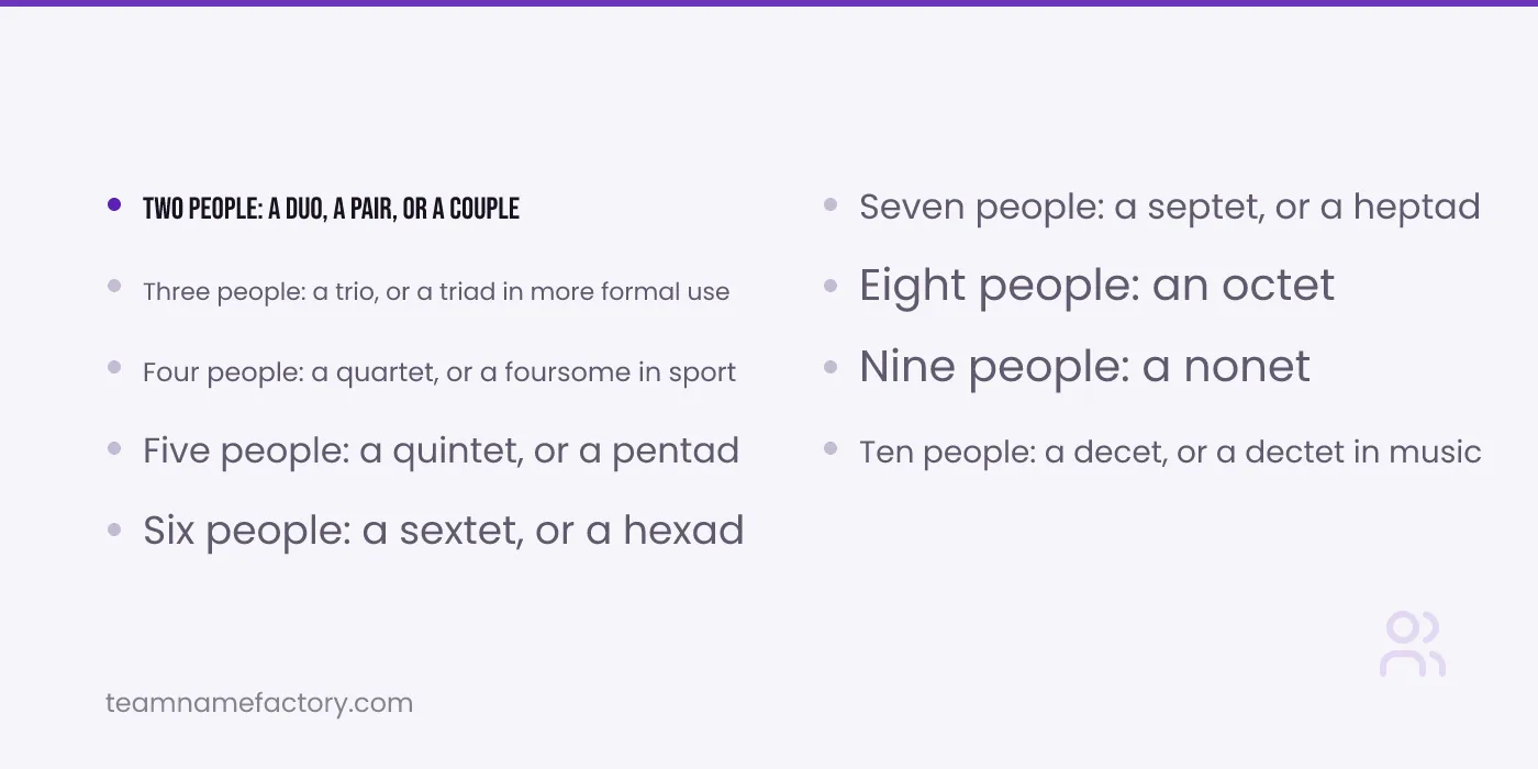 Group Sizes and Their Proper Names — what is a group of 5 called ideas from teamnamefactory.com