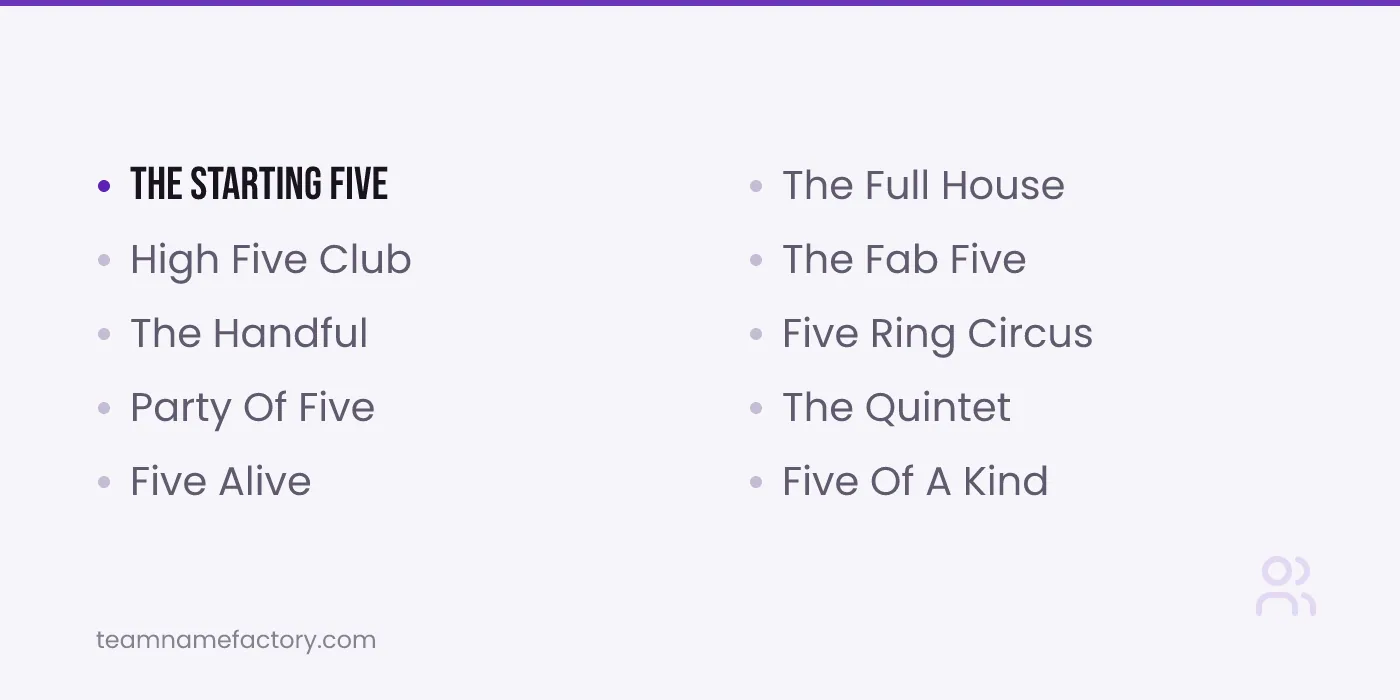 Group Name Ideas for Groups of Five — what is a group of 5 called ideas from teamnamefactory.com