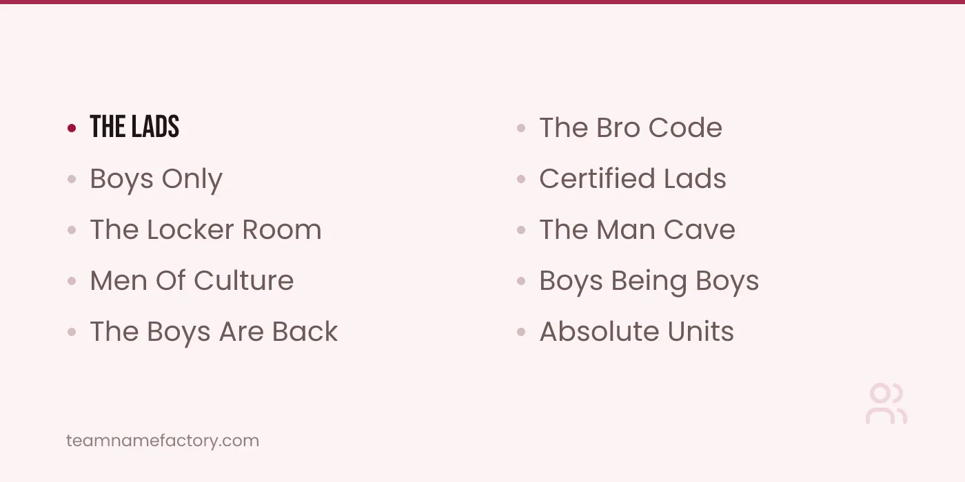 WhatsApp Names for Boys and Lads Groups — whatsapp group names ideas from teamnamefactory.com