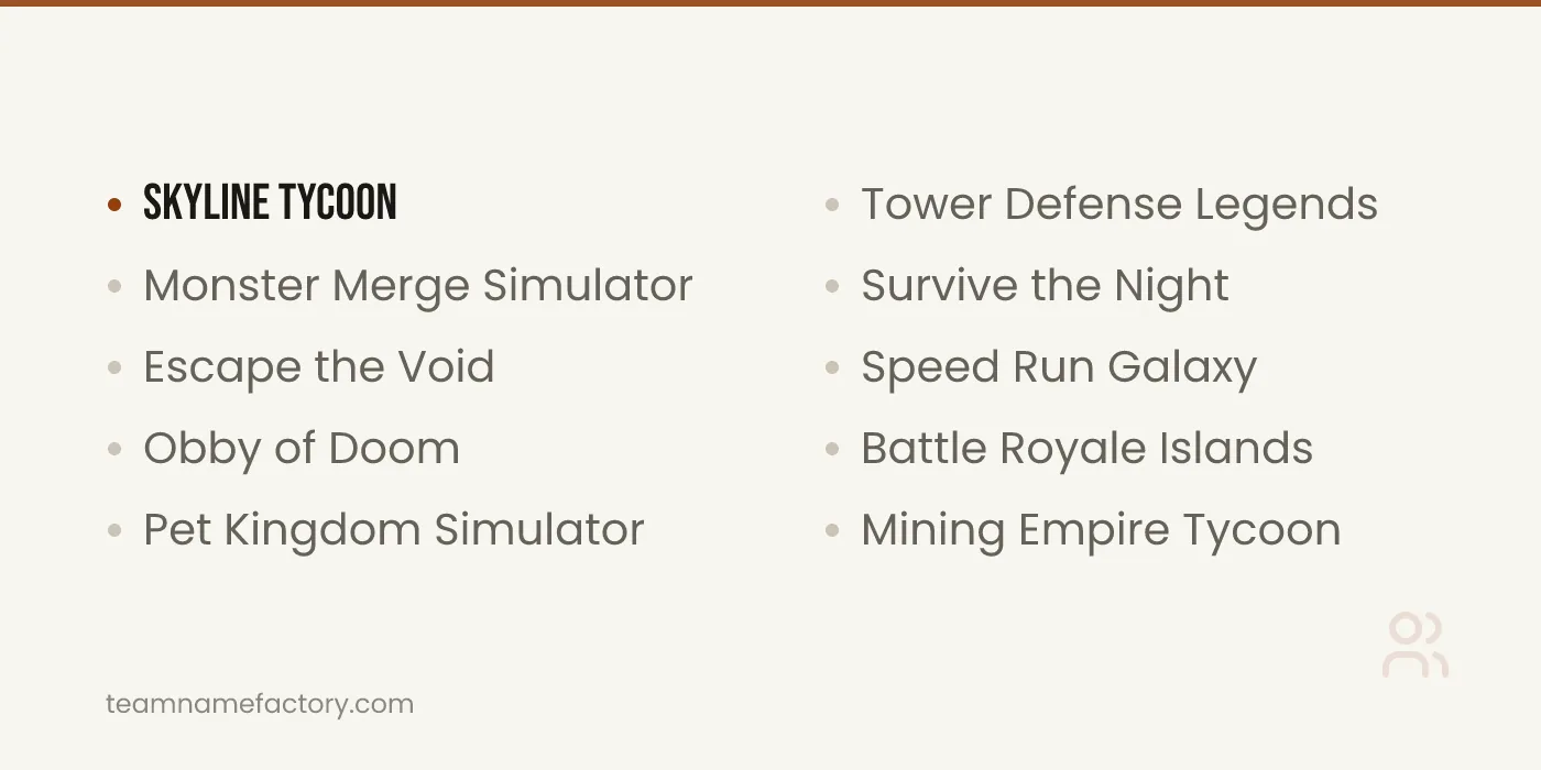 Roblox Experience Names and Cool Game Names for Roblox Creators — cool game names ideas from teamnamefactory.com