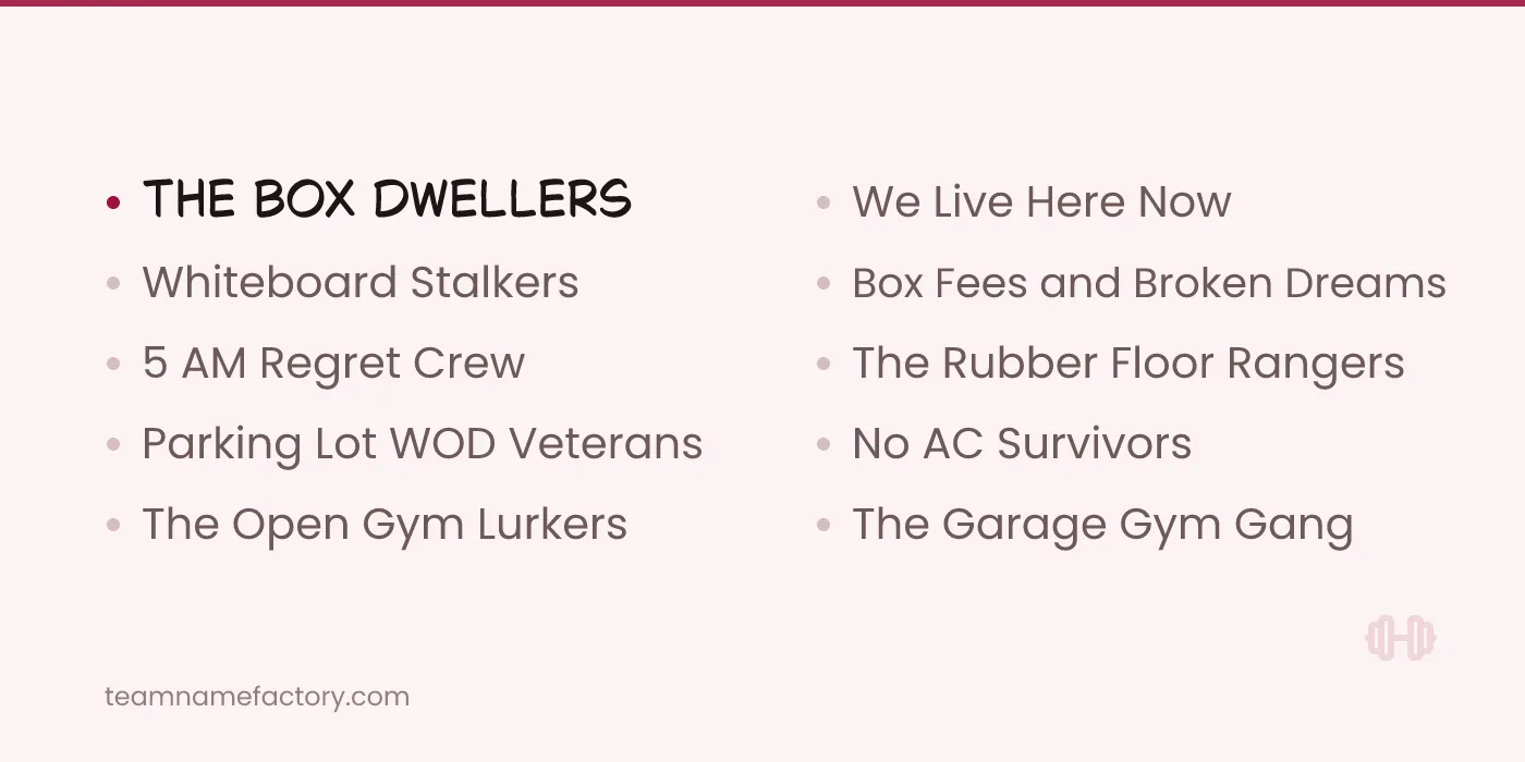 Box Humor Team Names — funny crossfit team names ideas from teamnamefactory.com