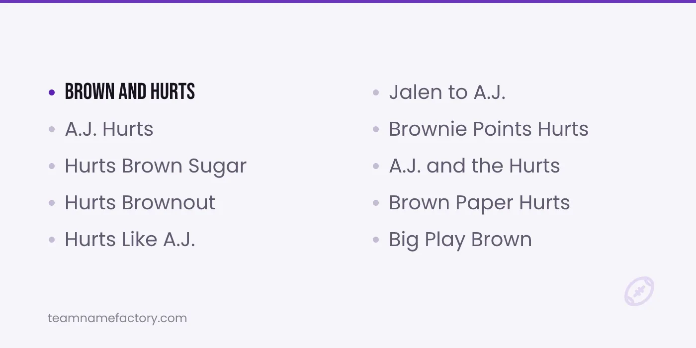 AJ Brown and Jalen Hurts Fantasy Names — jalen hurts fantasy names ideas from teamnamefactory.com