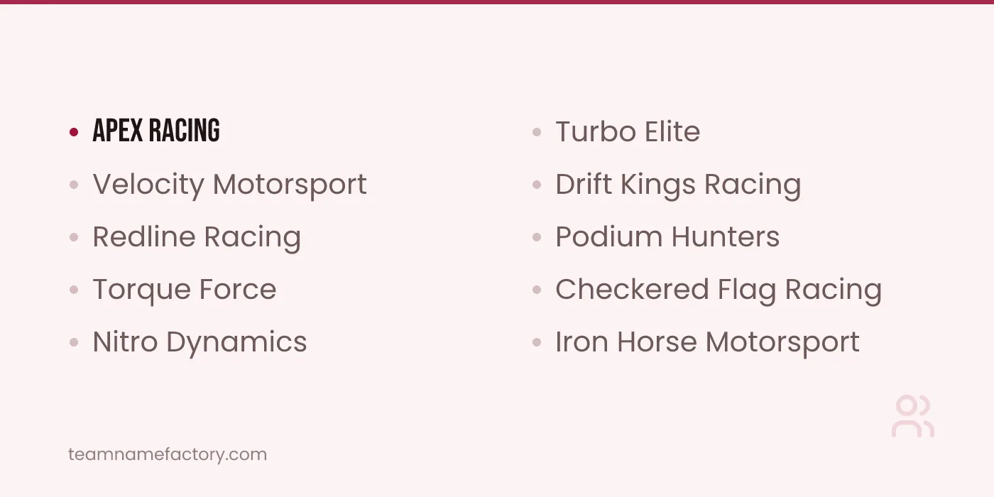 Cool Racing Team Names — racing team names ideas from teamnamefactory.com
