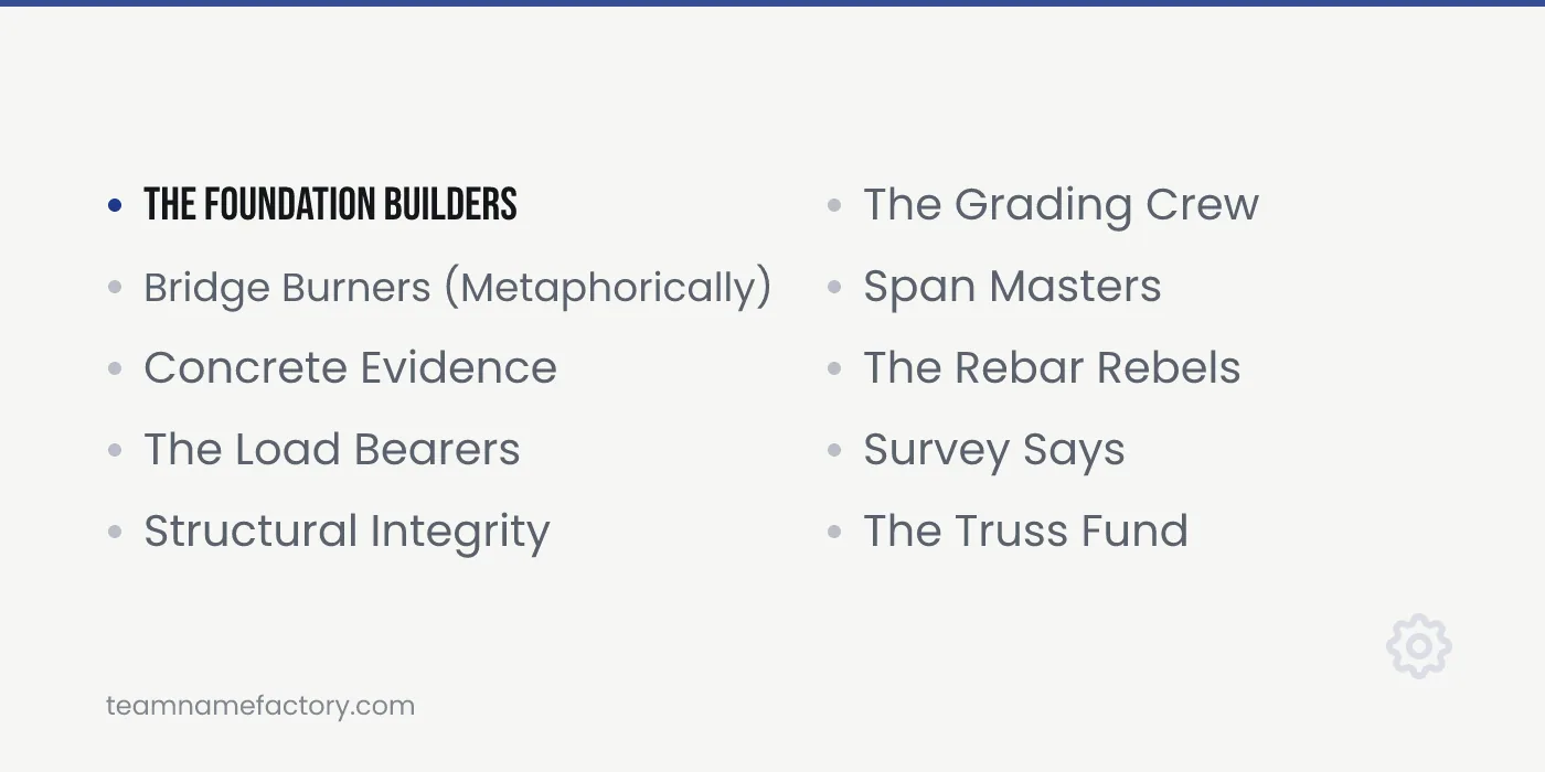 Civil Engineering Team Names — engineering team names ideas from teamnamefactory.com